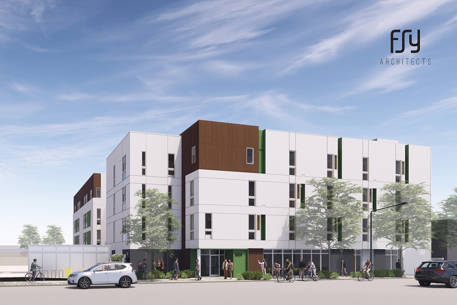 West Terrace developed by A Community of Friends in Los Angeles, 64 permanent supportive housing units, rendering from FSY Architects, Inc.